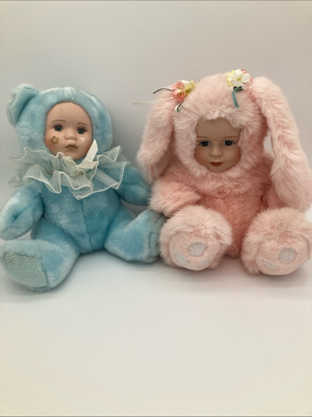 Vintage Porcelain Face Plush Dolls Set Blue Bear Pink Bunny Easter Decor Duo